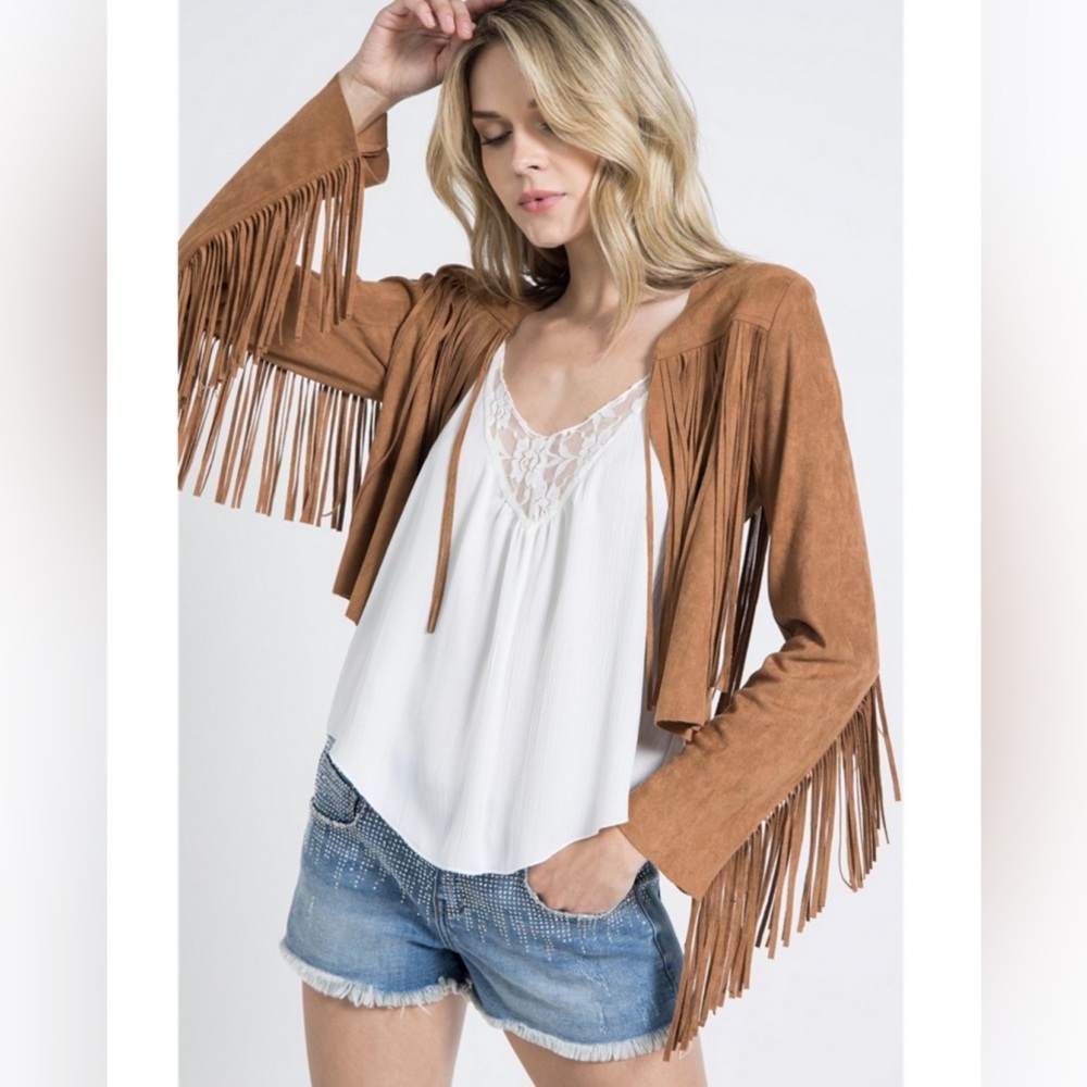 Vocal‎ Faux Suede Fringe Open Front Jacket – Size Small